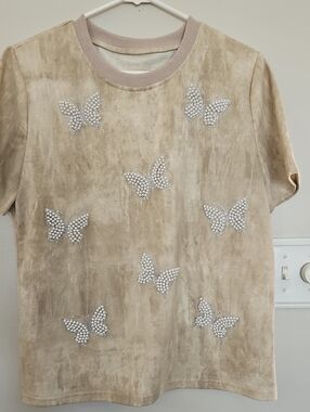 Beige Rhinestone Butterfly Tee
